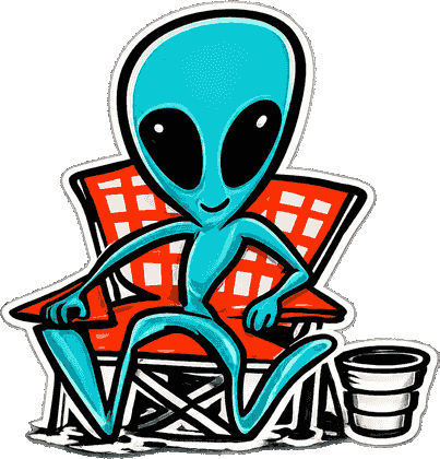 An alien in a camp chair with a drink