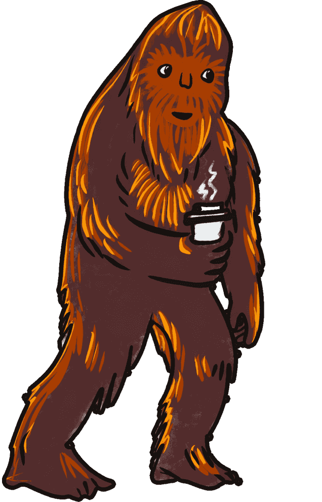 Fog Hill's bigfoot, holding a coffee