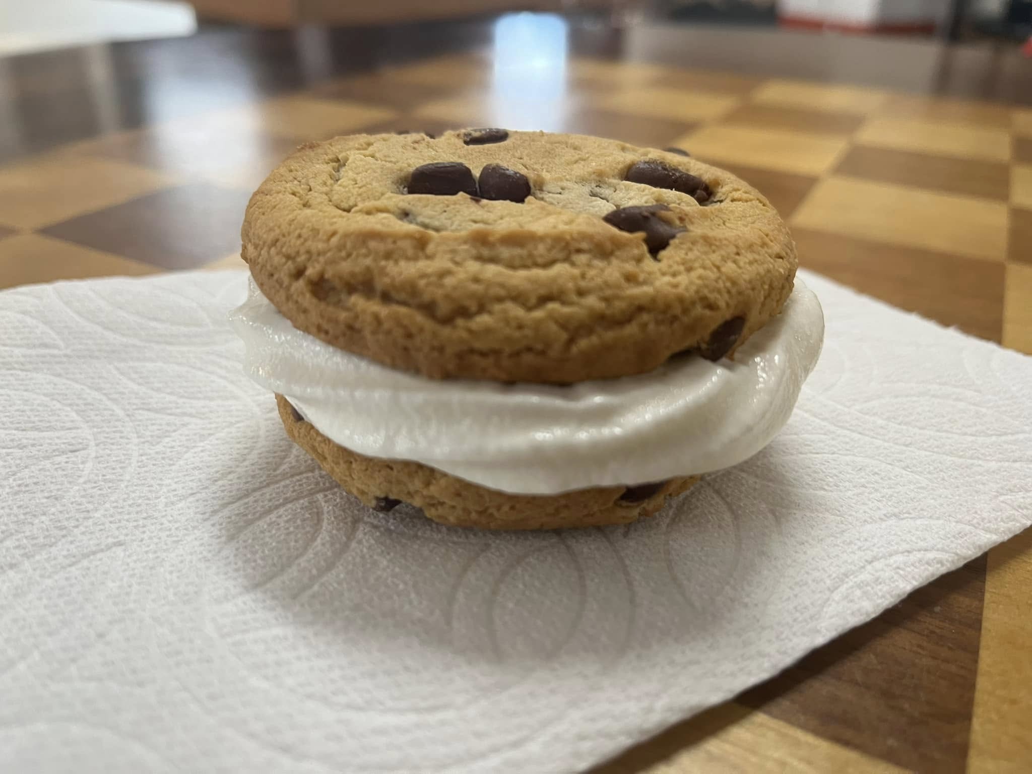 Chocolate chip cookie sandwich with cream filling