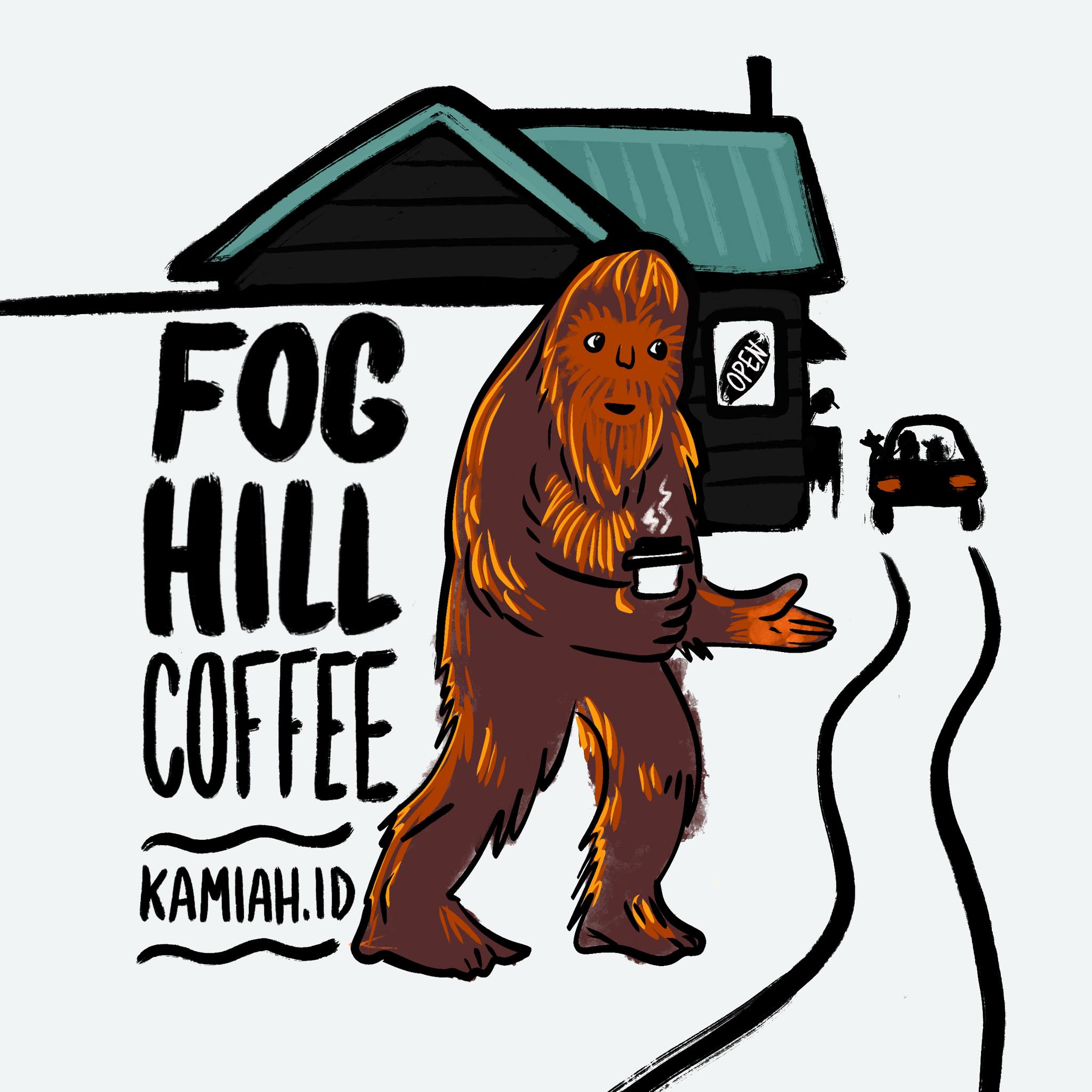 Fog Hill Coffee drive-through illustration with Bigfoot
